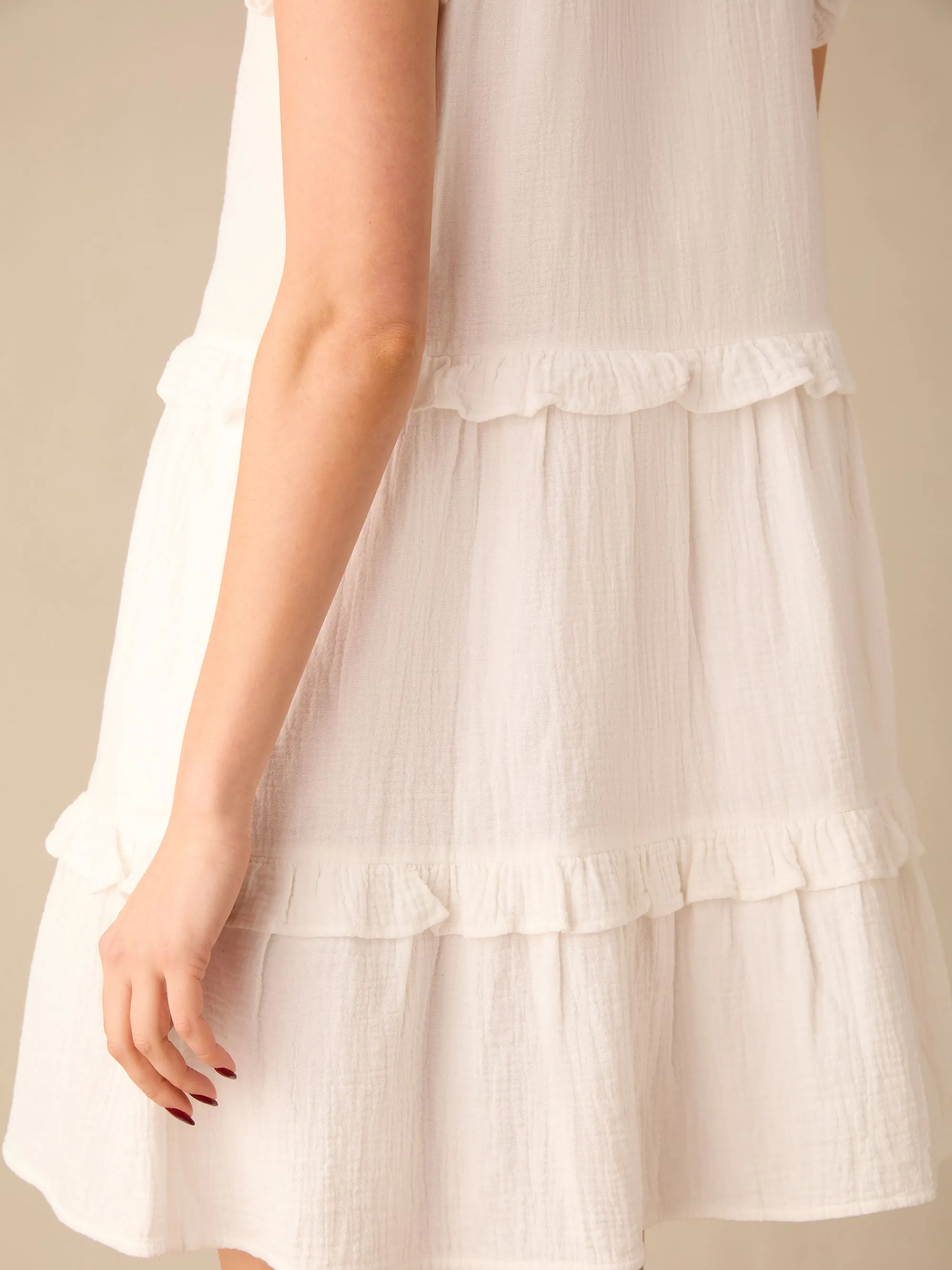 White Frill Detail Cheesecloth Dress