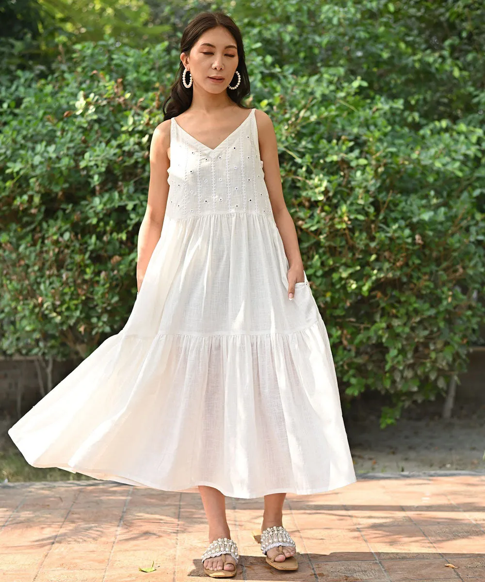 White hand embroidered cotton  strappy dress