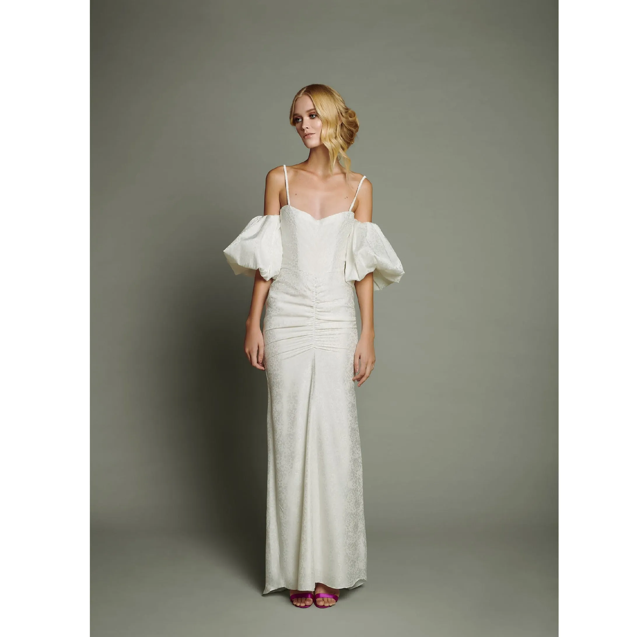 White Jacquard Balloon Sleeve Maxi Dress