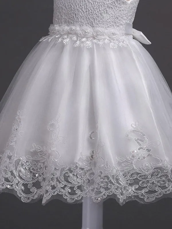 White Lace Applique Flower Girl Dresses Pearls Tassels Princess Tutu Kids Party Dresses