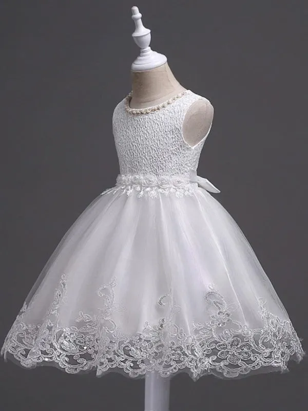 White Lace Applique Flower Girl Dresses Pearls Tassels Princess Tutu Kids Party Dresses