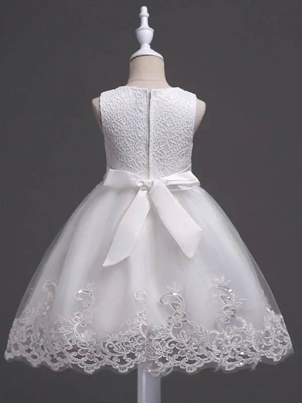 White Lace Applique Flower Girl Dresses Pearls Tassels Princess Tutu Kids Party Dresses