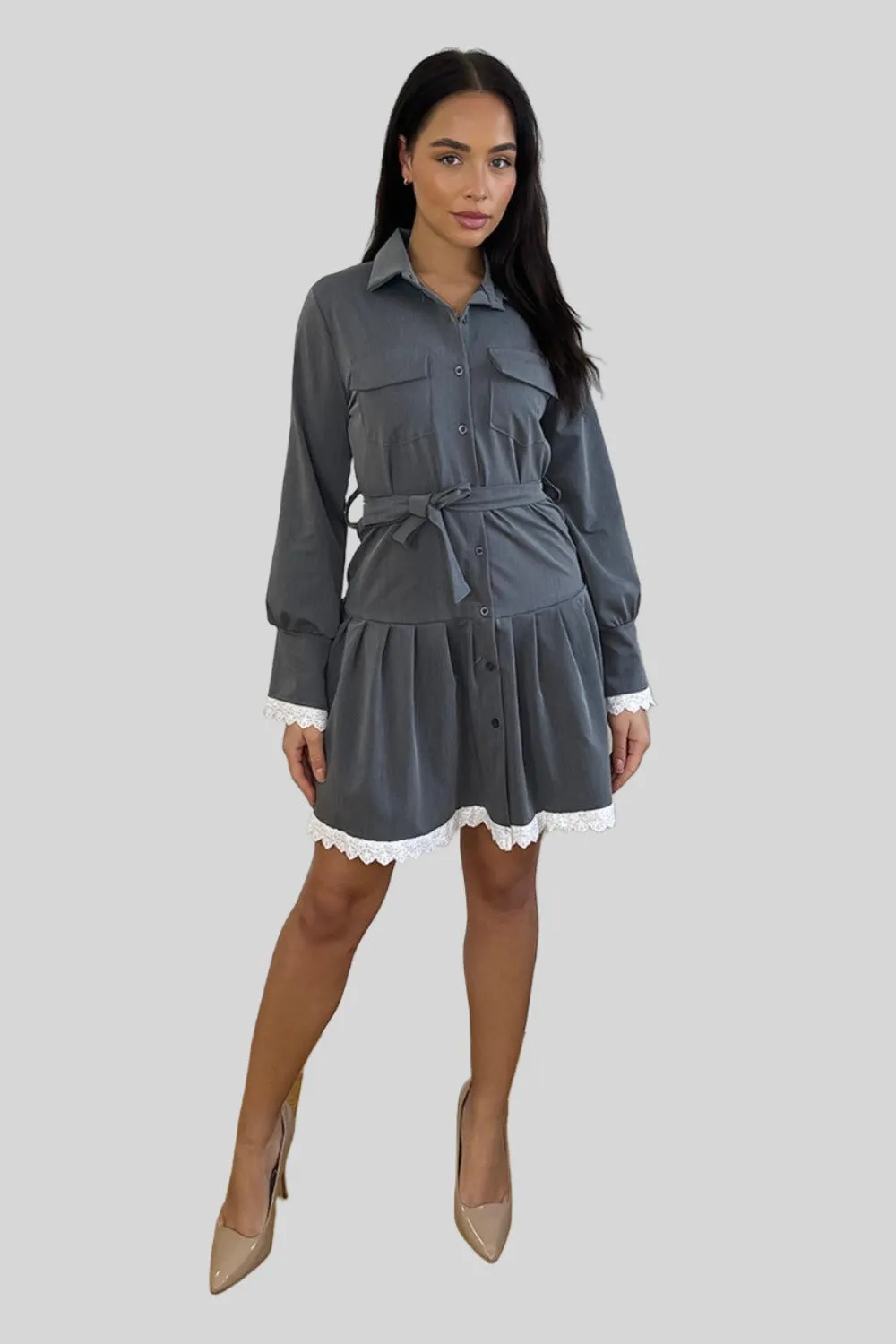 White Lace Trim Tiered Shirt Dress