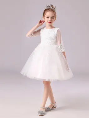 White Lace Tulle A-Line Flower Girl Dresses Sleeveless Knee-Length Kids Party Dresses