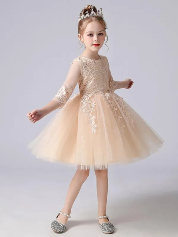 White Lace Tulle A-Line Flower Girl Dresses Sleeveless Knee-Length Kids Party Dresses