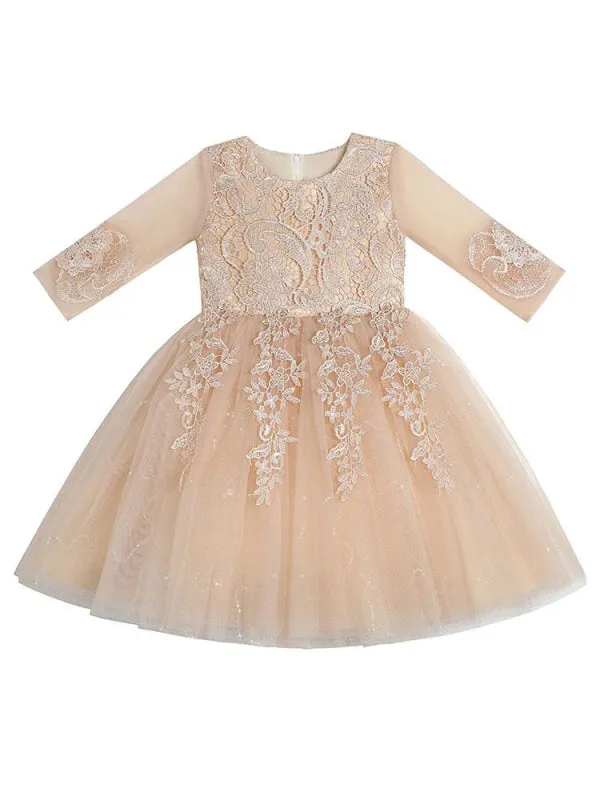 White Lace Tulle A-Line Flower Girl Dresses Sleeveless Knee-Length Kids Party Dresses