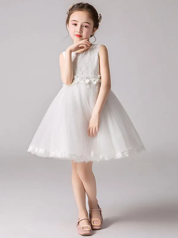 White Lace Tulle Sleeveless Short Formal Flower Girl Dresses Jewel Neck Princess Silhouettes Pageant Dresses