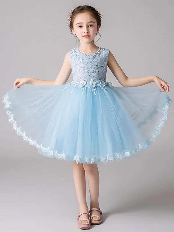 White Lace Tulle Sleeveless Short Formal Flower Girl Dresses Jewel Neck Princess Silhouettes Pageant Dresses