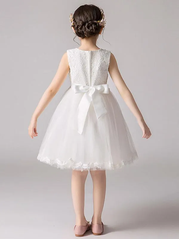 White Lace Tulle Sleeveless Short Formal Flower Girl Dresses Jewel Neck Princess Silhouettes Pageant Dresses