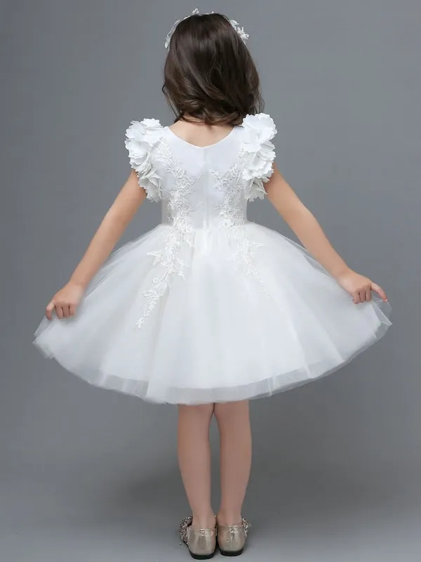 White Little Flower Girl Dresses A-Line V-Neck Tulle Flowers Kids Party Dresses