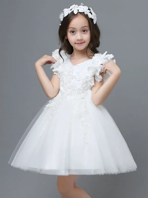 White Little Flower Girl Dresses A-Line V-Neck Tulle Flowers Kids Party Dresses