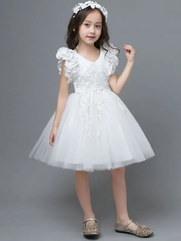 White Little Flower Girl Dresses A-Line V-Neck Tulle Flowers Kids Party Dresses