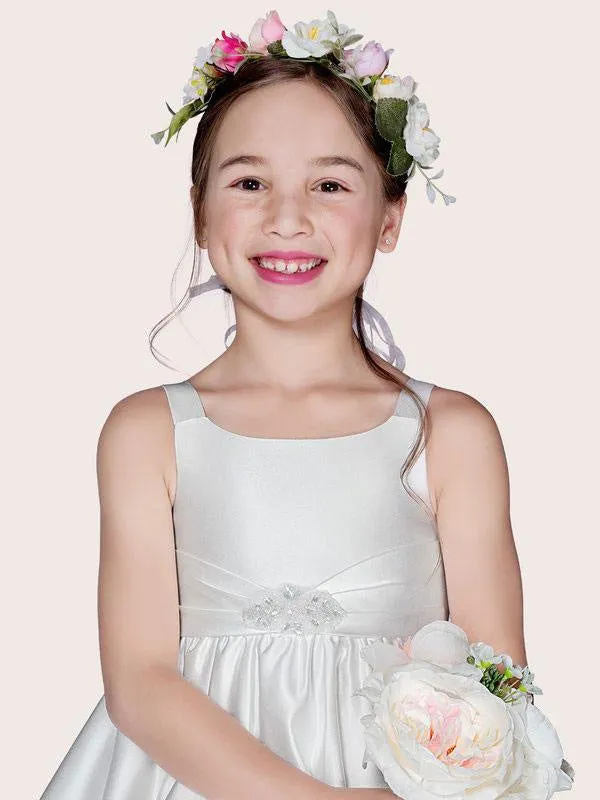 White Satin Flower Girl Dresses Jewel Neck Sleeveless Beaded Formal Kids Pageant Dresses