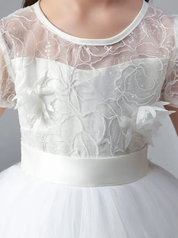 White Short Sleeves Flowers Embellishment Flower Girl Dresses Tulle Lace Kids Party Dresses