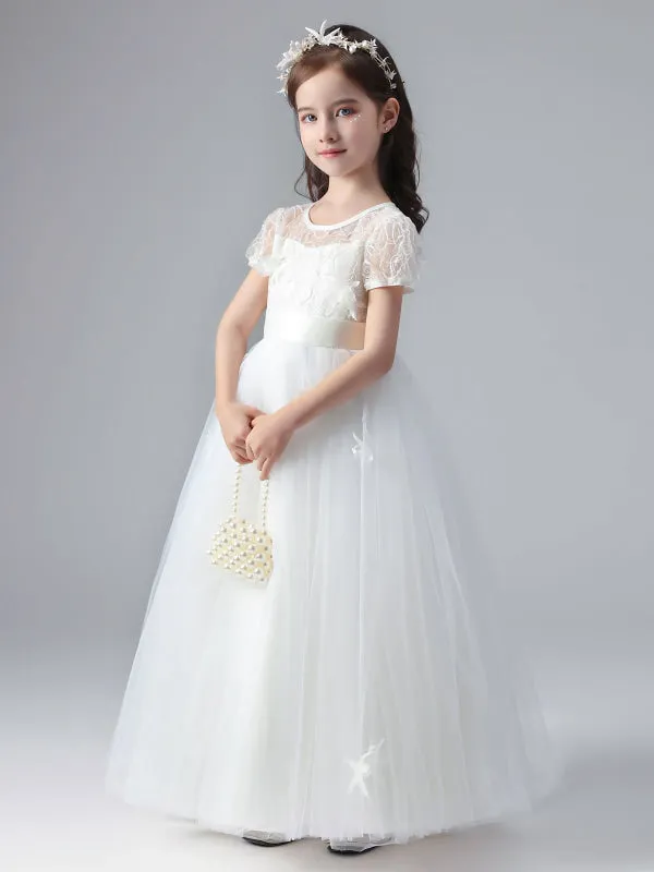 White Short Sleeves Flowers Embellishment Flower Girl Dresses Tulle Lace Kids Party Dresses