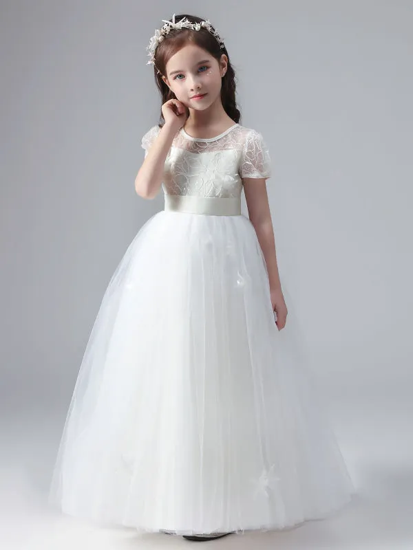 White Short Sleeves Flowers Embellishment Flower Girl Dresses Tulle Lace Kids Party Dresses