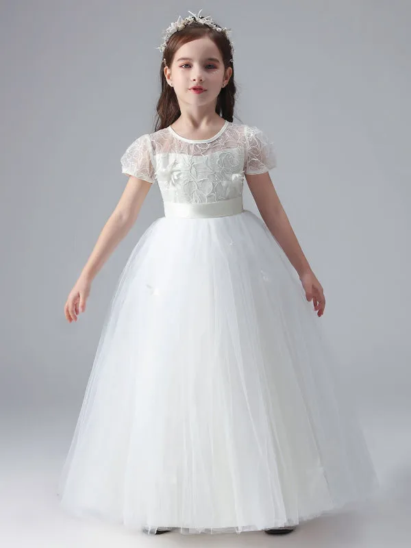 White Short Sleeves Flowers Embellishment Flower Girl Dresses Tulle Lace Kids Party Dresses