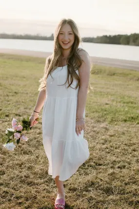 White Shoulder Tie Midi Dress