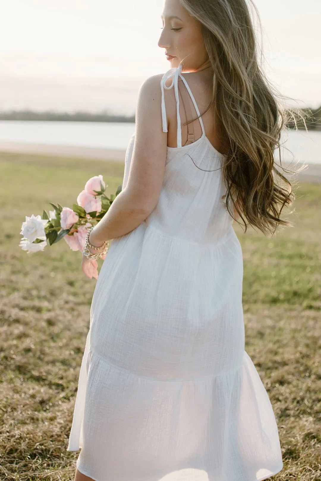 White Shoulder Tie Midi Dress