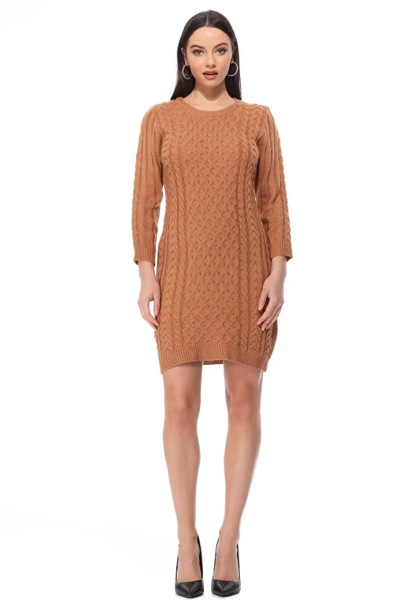 Yemak Women's Round Neck Cable Knit Long Sleeve Sweater Dress MK8002